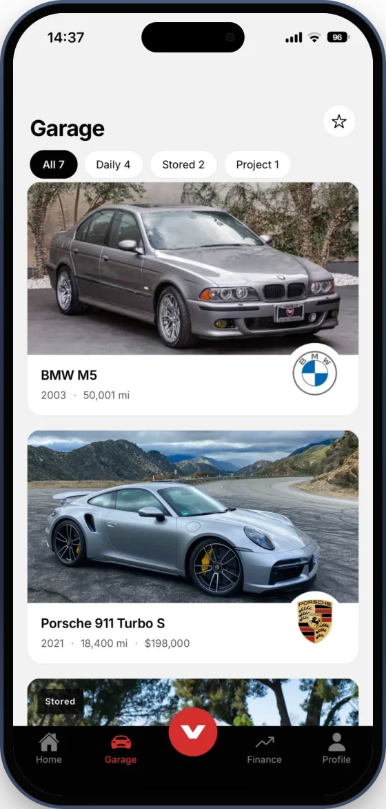 The Vintrak app on iPhone, showing the Garage