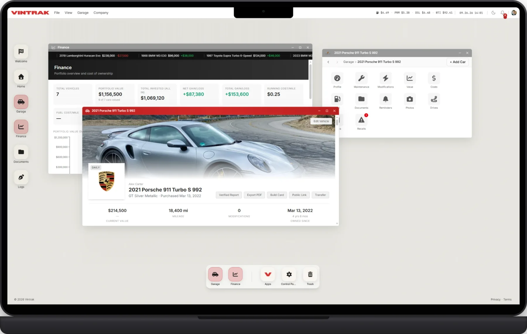 Vintrak on a Mac: the desktop with the Finance window and a 2021 Porsche 911 Turbo S open